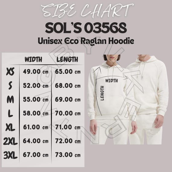 Hoodie Size Chart I SOLS 03568 Size Chart I Unisex Eco Raglan