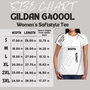 Gildan 64000L Größentabelle | Größentabelle für Damen Softstyle T-Shirt | Gildan 64000L Mockup und Größentabelle | Gildan Größe | T-Shirt Größentabelle