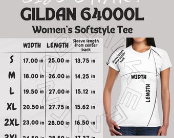 Gildan 64000L Size Chart | Size Chart for Women&#39;s Softstyle Tee | Gildan 64000L Mockup and size chart | Gildan Size |  T-shirt Size Chart