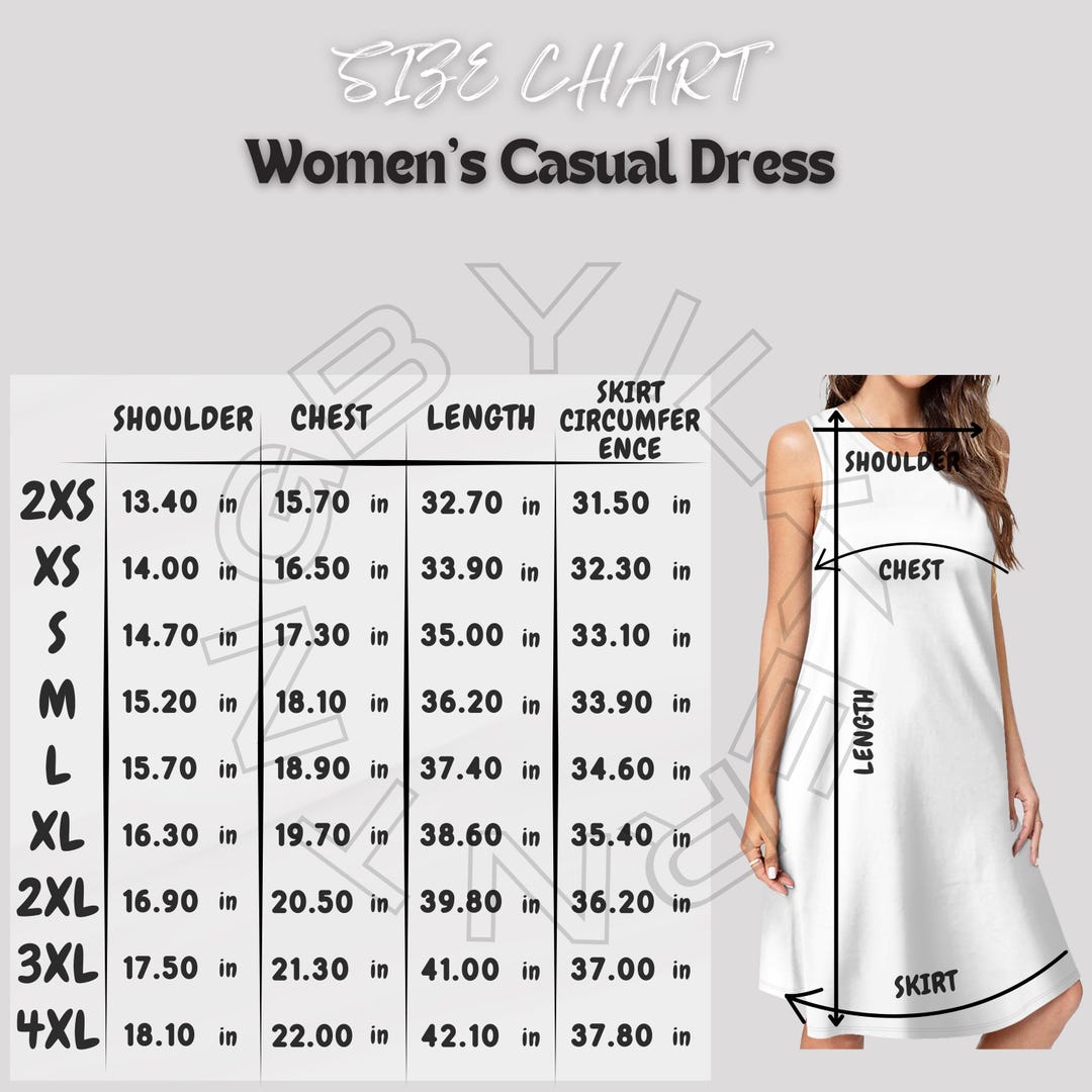 Casual Dress Size Chart | Size Chart for Women's Casual Dress (AOP) |  Women's Casual Dress Mockup and Size Chart | Dress Sizing - Etsy