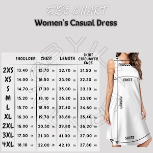 Casual Dress Size Chart | Size Chart for Women&#39;s Casual Dress (AOP) | Women&#39;s Casual Dress  Mockup and size chart | Dress sizing