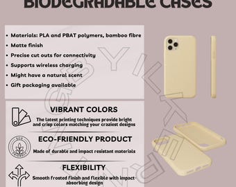 May include: Biodegradable phone cases in a light beige color. The image shows a phone case, a side view, and two open cases. The cases are made of PLA and PBAT polymers, bamboo fiber, and have a matte finish. The cases support wireless charging.