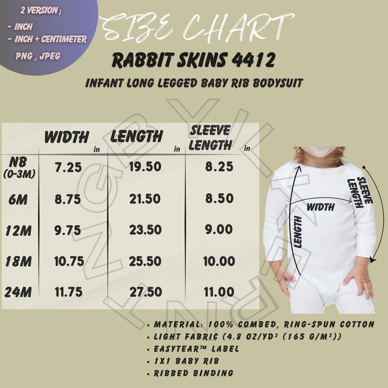 Bodysuit Size Chart I Rabbit Skins 4412 Mockup and Size Chart I Infant ...
