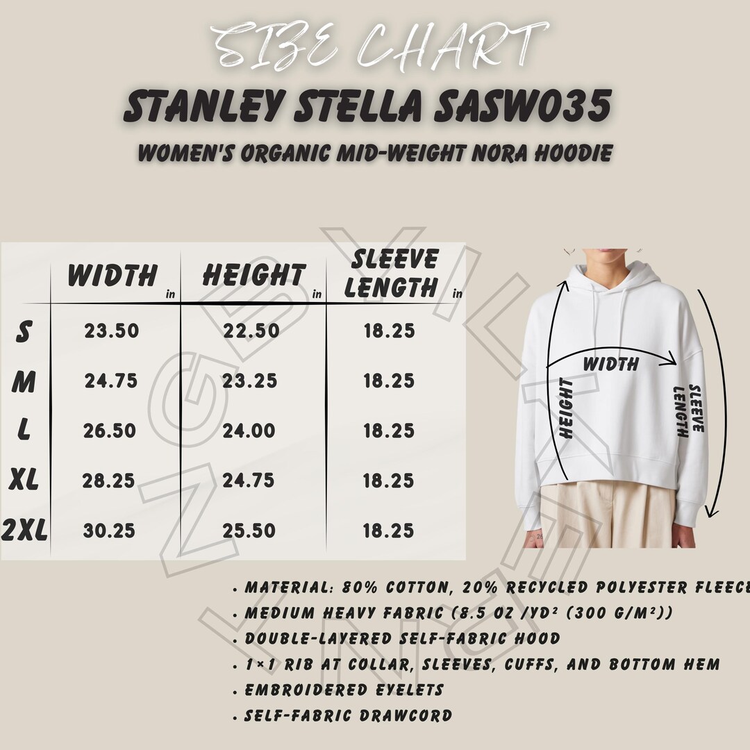 Hoodie Size Chart I Stanley Stella SASW035 Size Chart I Women's