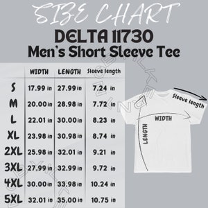Delta 11730 Size Chart I Delta 11730 Mockup and size chart I Men's Short Sleeve Tee I Men's Short Sleeve Tee size chart I T-Shirt Size Chart