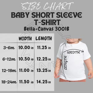 Puede incluir: Tabla de tallas para camisetas de manga corta para bebés, Bella+Canvas 3001B. La tabla muestra las medidas de ancho y largo en pulgadas para las tallas de 3 a 6 meses, de 6 a 12 meses, de 12 a 18 meses y de 18 a 24 meses.