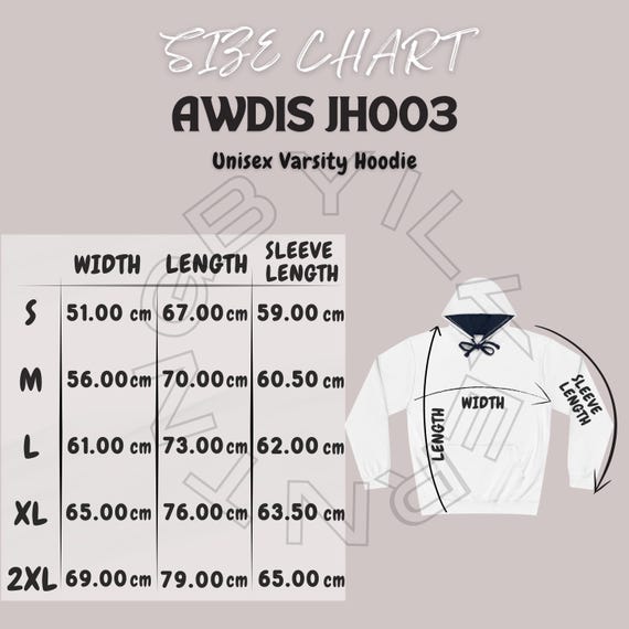 Hoodie Size Chart I AWDIS JH003 Size Chart I Unisex Varsity Hoodie