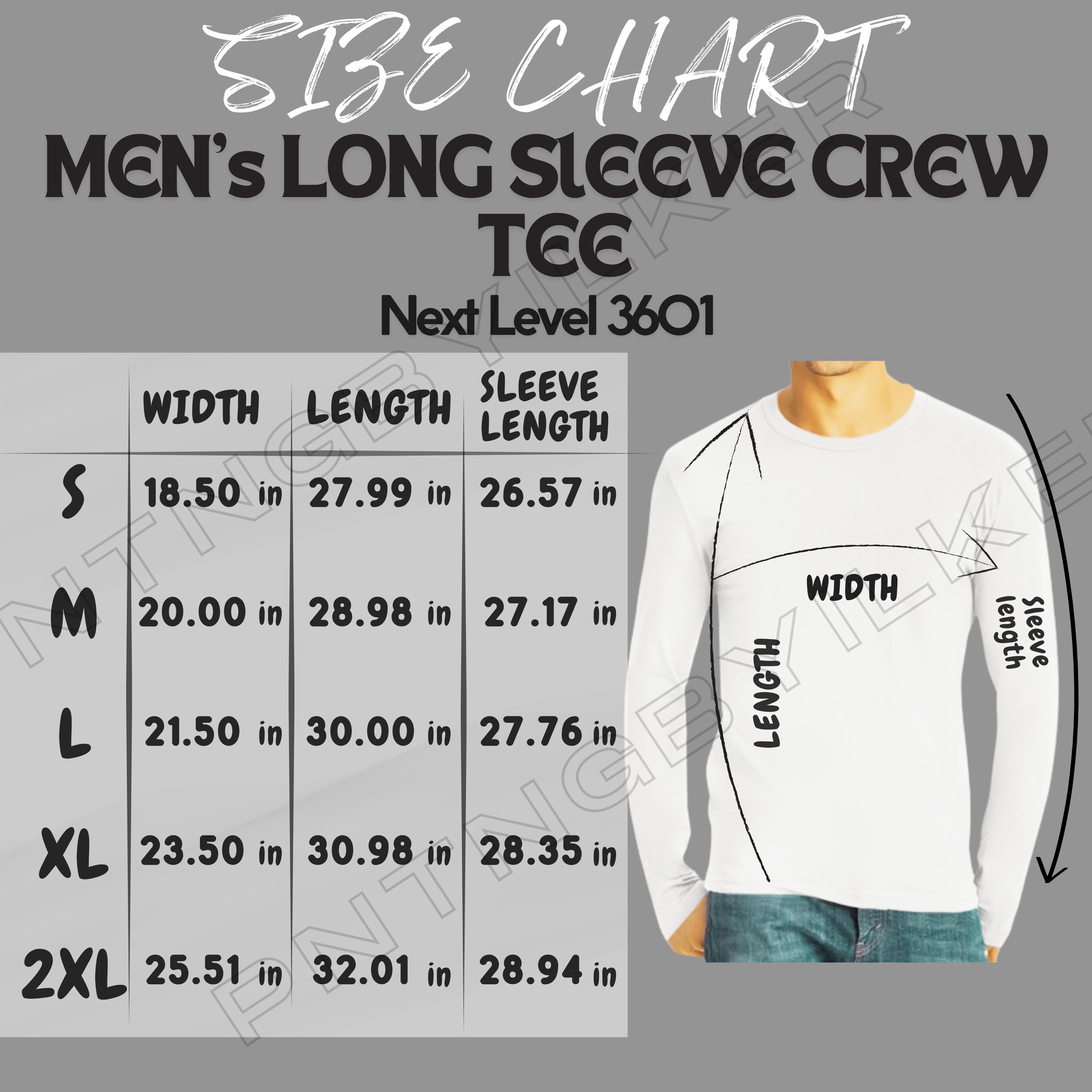 Next Level 3601 Long Sleeve Tee Size Chart | Men's Long Sleeve