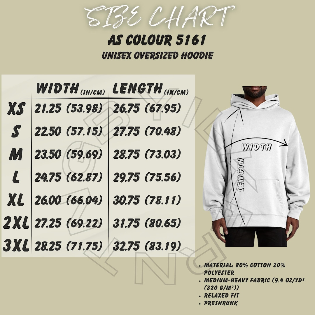 AS Colour 5161 Size Chart Unisex Oversized Hoodie Size Chart