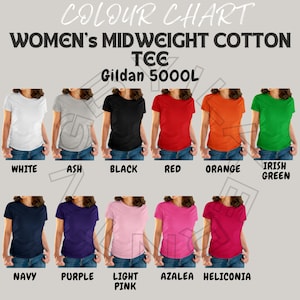 Carta de colores de camisetas I Gildan 5000L Maqueta y carta de colores / Carta de colores / Carta de camisetas de algodón de peso medio para mujer I Carta de colores Gildan 5000L