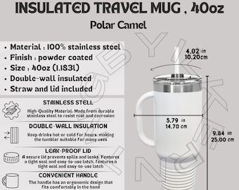 Insulated Travel Mug 40oz Size Chart I Insulated Travel Mug Size guide and Key Features I Mug size chart I Insulated Travel Mug, 40oz Mockup