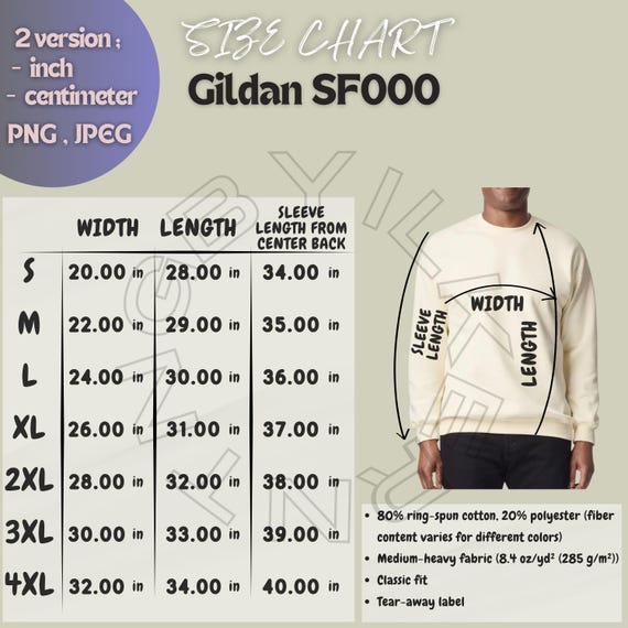 Gildan SF000 Size Chart | Gildan SF000 Mockup and Size Chart