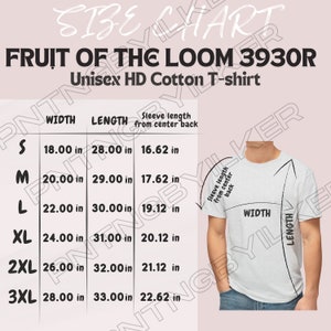 Può includere: Tabella delle taglie per una t-shirt unisex in cotone HD Fruit of the Loom 3930R. La tabella mostra la larghezza, la lunghezza e la lunghezza della manica in pollici per le taglie S, M, L, XL, 2XL e 3XL.