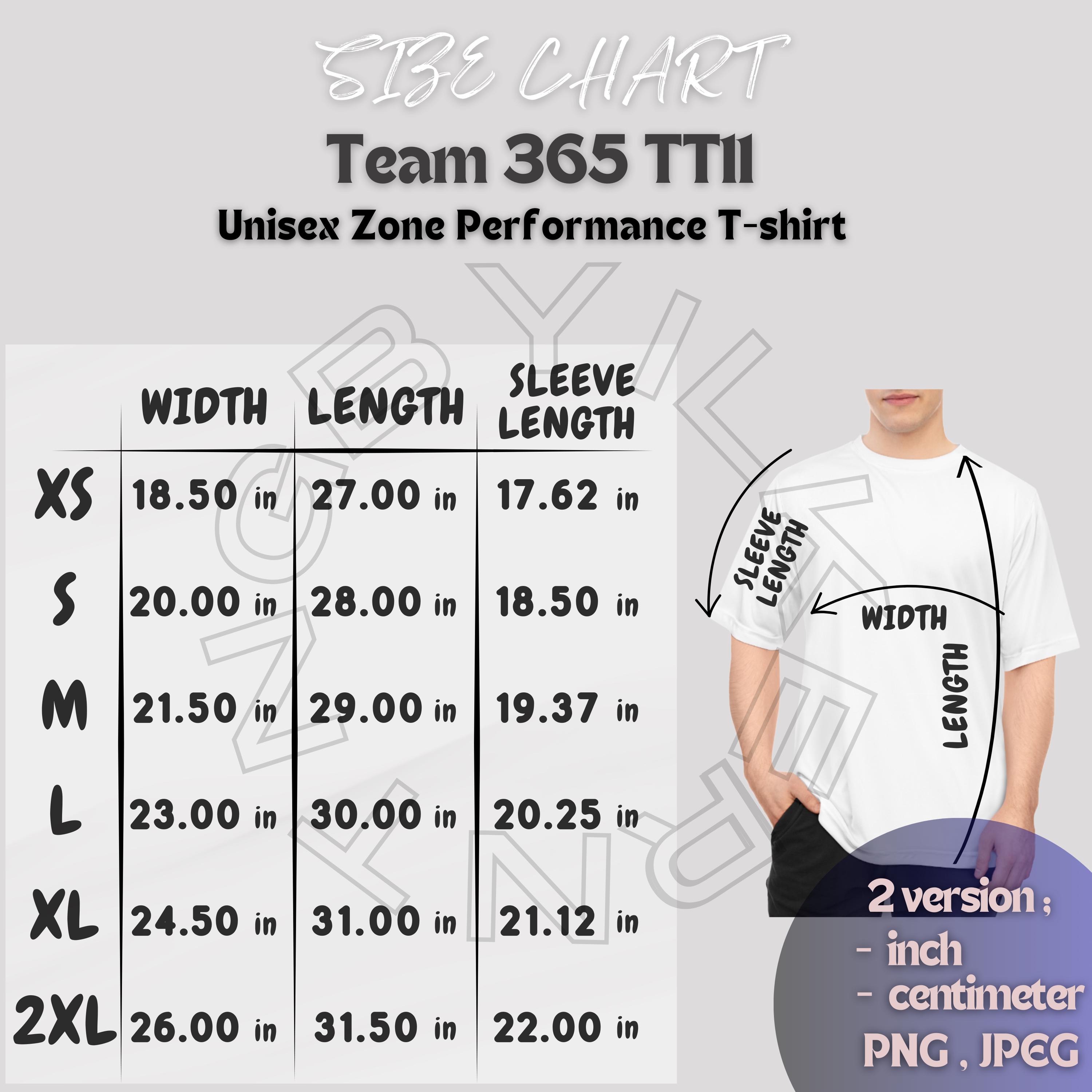 Team 365 TT11 Size Chart | Unisex Zone Performance T-shirt Size