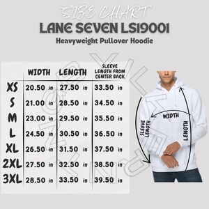 May include: Size chart for a heavyweight pullover hoodie with measurements in inches for width, length, and sleeve length from centre back. Sizes range from XS to 3XL.
