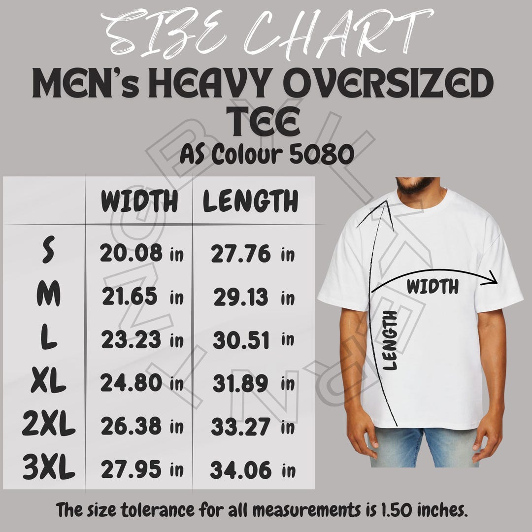 Tee Size Chart | Men's Heavy Oversized Tee Mockup and Size Chart