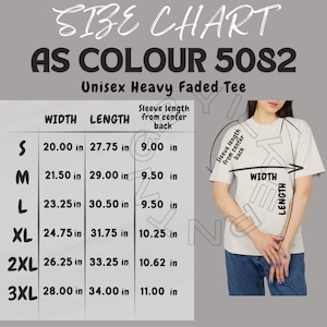 Peut inclure: Tableau des tailles pour un t-shirt unisexe délavé lourd en couleur 5082. Le tableau indique la largeur, la longueur et la longueur des manches en pouces pour les tailles S, M, L, XL, 2XL et 3XL.