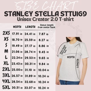 Tabla de tallas de Stanley Stella STTU169 / Tabla de tallas para camiseta unisex Creator 2.0 / Tabla de tallas de maqueta de Stanley Stella STTU169 / Tallas de camiseta