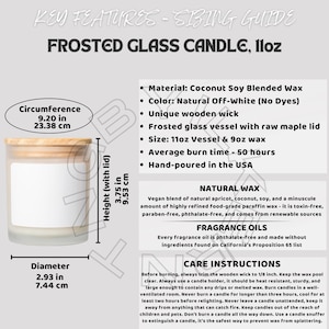 Tabela de tamanhos de velas de vidro fosco I Vela de vidro fosco 11oz Principais recursos I Detalhes do produto Vela I Vela de vidro fosco 11oz Informações