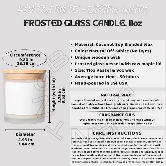 Frosted Glass Candle Sizing Chart I Frosted Glass Candle 11oz Key Features I Candle Product Details I Frosted Glass Candle 11oz Info