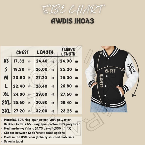 Jacket Size Chart I AWDIS JH043 Size Chart I Unisex Heavyweight