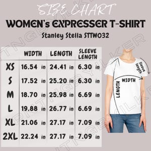 Puede incluir: Tabla de tallas para una camiseta de mujer con medidas en pulgadas para el ancho, la longitud y la longitud de la manga. Las tallas incluyen XS, S, M, L, XL y 2XL.