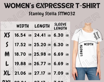 Tabla de tallas de camisetas Expresser para mujer / Tabla de tallas Stanley Stella STTW032 / Maqueta y tabla de tallas de Stanley Stella STTW032 / Tabla de tallas de camisetas