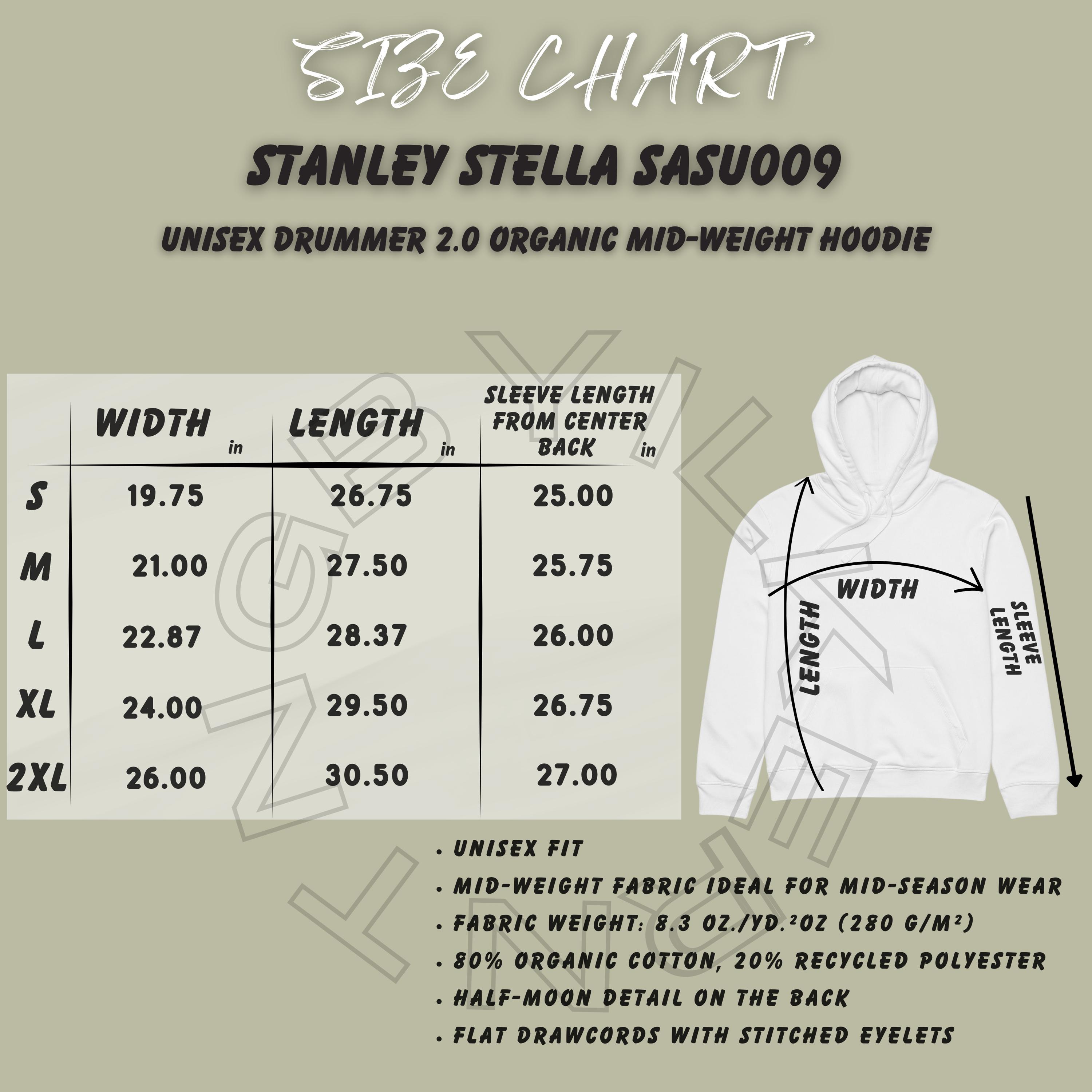 Hoodie Size Chart I Stanley Stella SASU009 Size Chart I Unisex