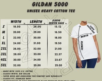 Tabela de Tamanhos da Camiseta Gildan 5000 | Tabela de Tamanhos da Camiseta Unissex de Algodão Pesado | Modelo e Tabela de Tamanhos da Gildan 5000 | Tabela de Tamanhos de Camisetas | Tamanhos de Camisetas