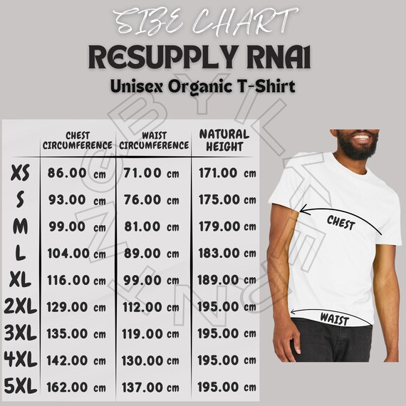 Unisex Organic T-shirt Size Chart - Resupply RNA1 Tee Size Chart