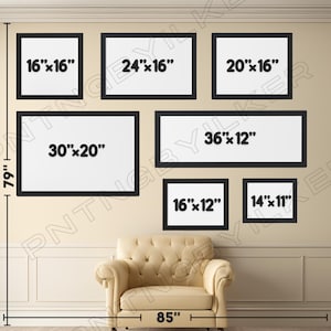 May include: A collection of framed art pieces in various sizes, including 16"x16", 24"x16", 20"x16", 30"x20", 36"x12", 16"x12", and 14"x11", arranged on a wall. The frames are black, and the art is white. A beige armchair sits below the artwork.