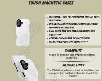 May include: White tough magnetic phone cases with black camera cutouts. The cases are made of polycarbonate and TPU lining, compatible with MagSafe accessories. Features include dual-layer protection, available in glossy or matte finish, and clear ports. The text says "Key Features" and "Tough Magnetic Cases".