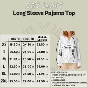 Pajama Top Chart I Long Sleeve Pajama Top Size Chart I Long Sleeve Pajama Top Mockup And Size Chart I Pajama top sizing I Printful chart