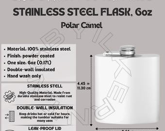 Tabla de tallas de frasco de acero inoxidable de 6 oz Características principales I Maqueta de frasco de acero inoxidable y tabla de tallas I Tabla de tallas de frasco Polar Camel I Tabla de tallas