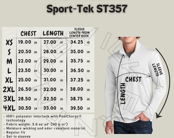 Pullover size chart I Sport-Tek ST357 Size Chart Mockup I Unisex Quarter Zip Pullover I Pullover sizing chart I Sport-Tek ST357 sizing