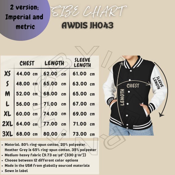 Jacket Size Chart I AWDIS JH043 Size Chart I Unisex Heavyweight