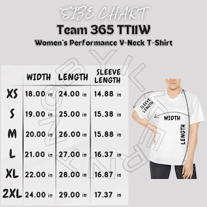 Puede incluir: Tabla de tallas para una camiseta de rendimiento de cuello en V para mujer. La tabla muestra el ancho, la longitud y la longitud de la manga en pulgadas para las tallas XS, S, M, L, XL y 2XL.