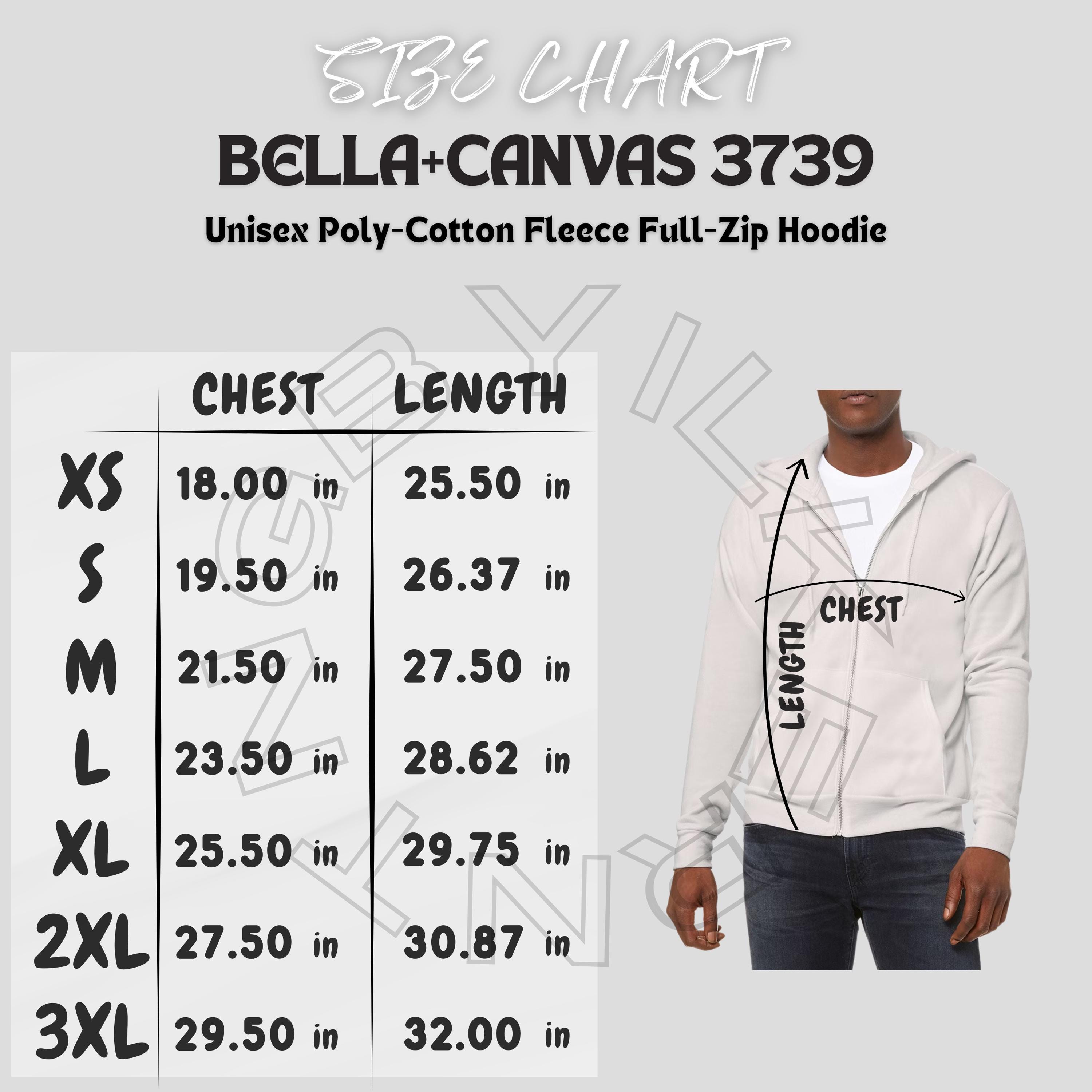 Bella+canvas 3739 Size Chart | Unisex Poly-cotton Fleece Full-zip