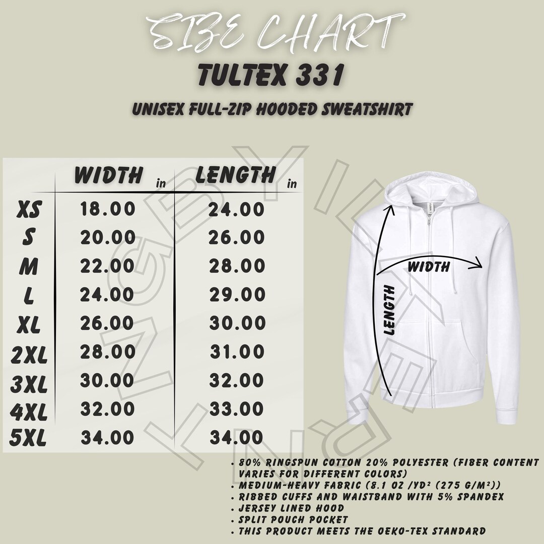 Tultex 331 Size Chart | Size Chart for Unisex Full-zip Hooded