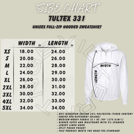 Tultex 331 Size Chart | Size Chart for Unisex Full-zip Hooded