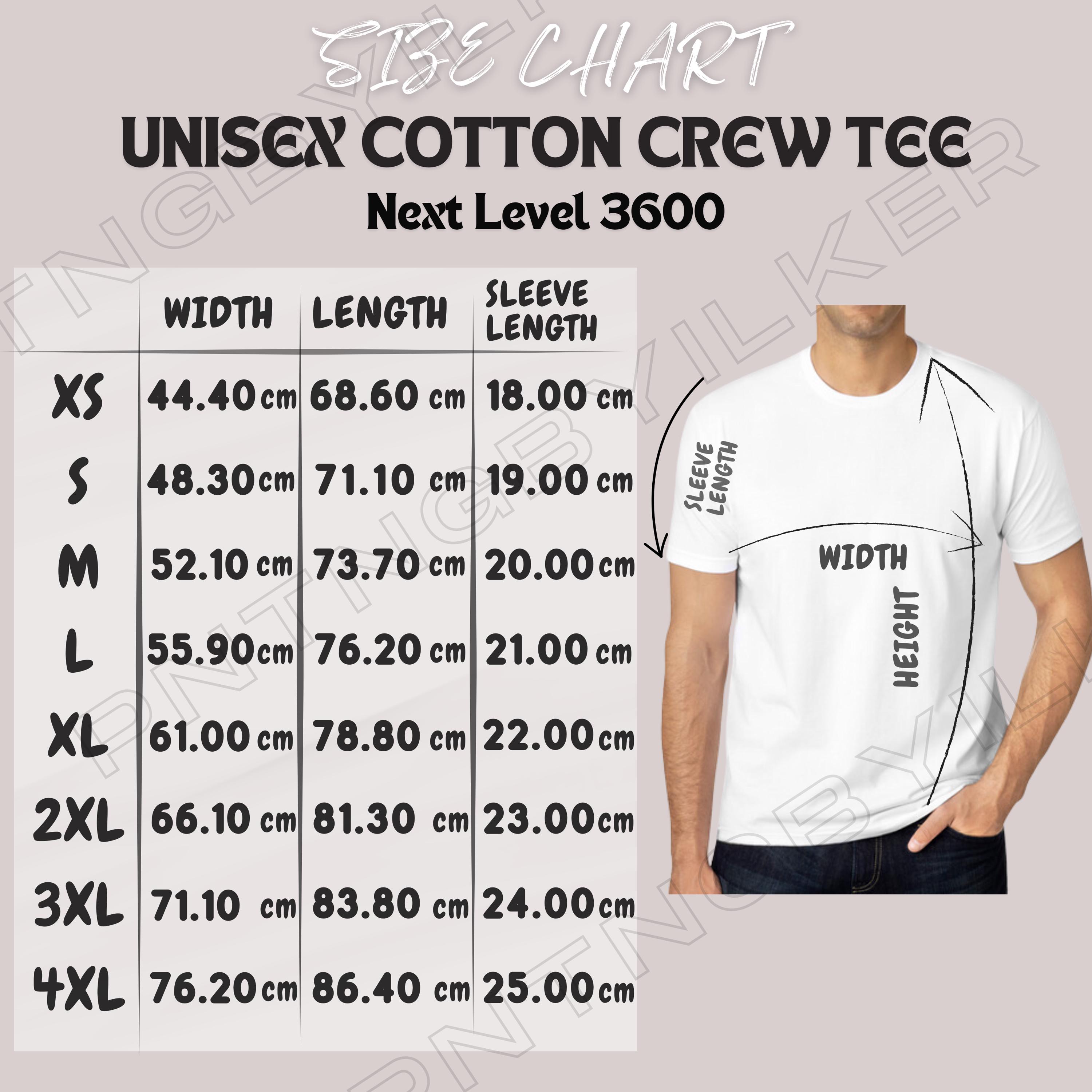 Next Level 3600 Size Chart | Size Chart for Unisex Cotton Crew Tee