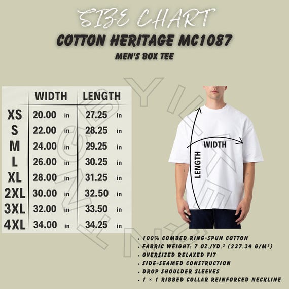 Cotton Heritage MC1087 Size Chart | Men's Box Tee Size Chart