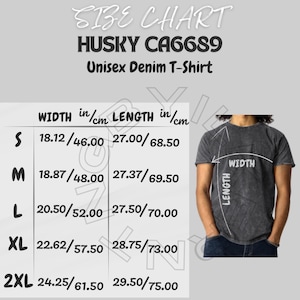 Tableau des tailles Husky CA6689 | Tableau des tailles pour t-shirt en jean unisexe | Maquette Husky CA6689 et tableau des tailles | Tableau des tailles de t-shirts | tableau des tailles