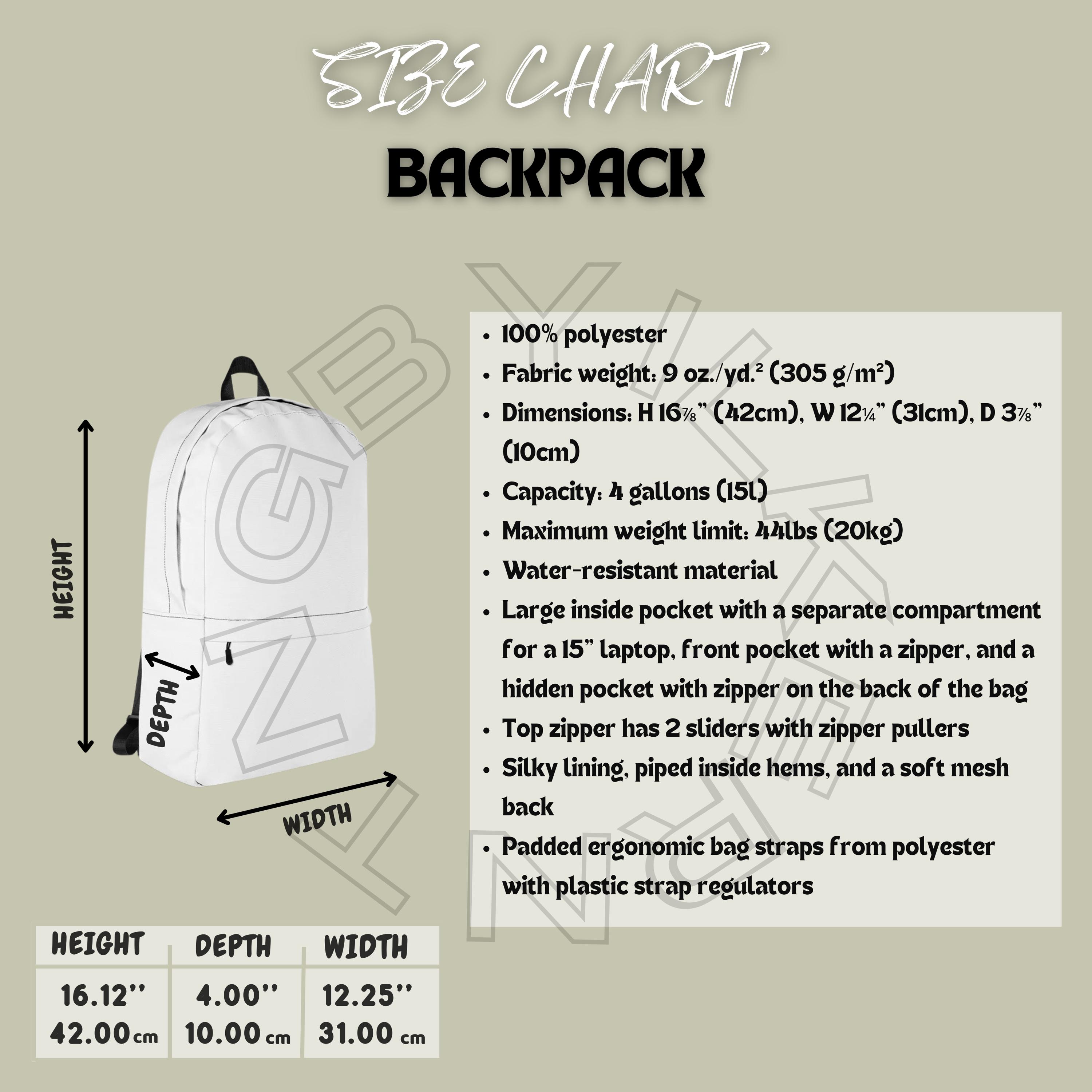 Backpack Size Chart | Size Chart Fo Backpack | All-Over Print Backpack mockup and sizing | Printful product | Backpack sizing | sizing guide