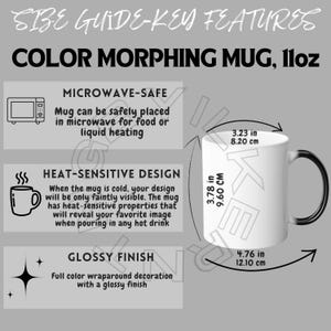 May include: A white colour-changing mug with a black handle. The mug is 12.10 cm tall and 9.60 cm wide. The mug is microwave safe and has a heat-sensitive design that reveals a hidden image when hot liquid is poured into the mug. The mug has a glossy finish.