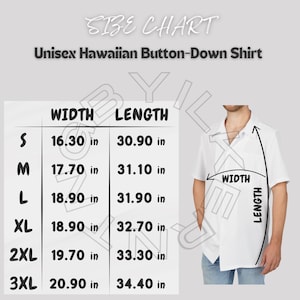 May include: Size chart for a unisex Hawaiian button-down shirt. The chart shows the width and length measurements in inches for sizes S, M, L, XL, 2XL, and 3XL.