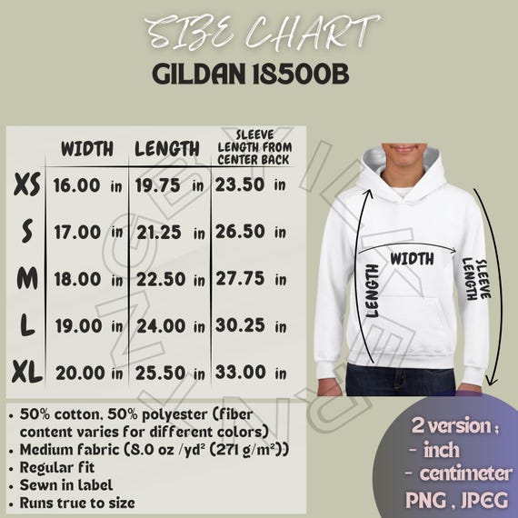 Gildan 18500B Size Chart | Size Chart for Youth Heavy Blend Hooded