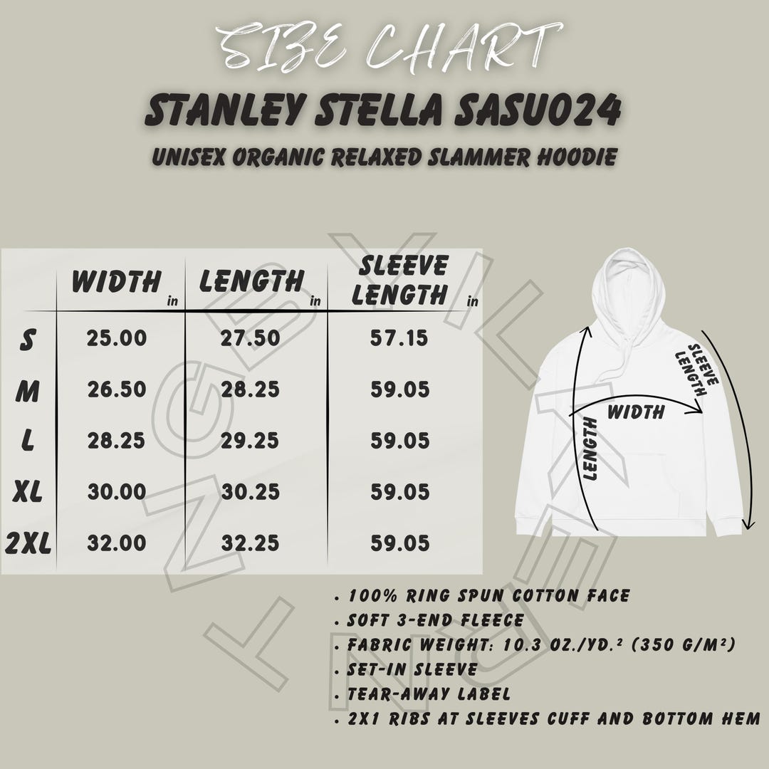 Hoodie Size Chart, Stanley Stella SASU024 Size Chart, Unisex