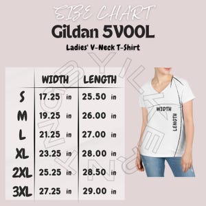 Tシャツ サイズ表 I Gildan 5V00L サイズ表 | サイズ表 | レディース Vネック Tシャツ サイズ表 I Gildan 5V00L Tシャツ ガイド I Printify チャート