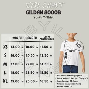 Gildan 8000B Size Chart | Size Chart for Youth Sports Tee | 8000B Mockup and size chart | Gildan Size | DryBlend Youth T-Shirt Size Chart